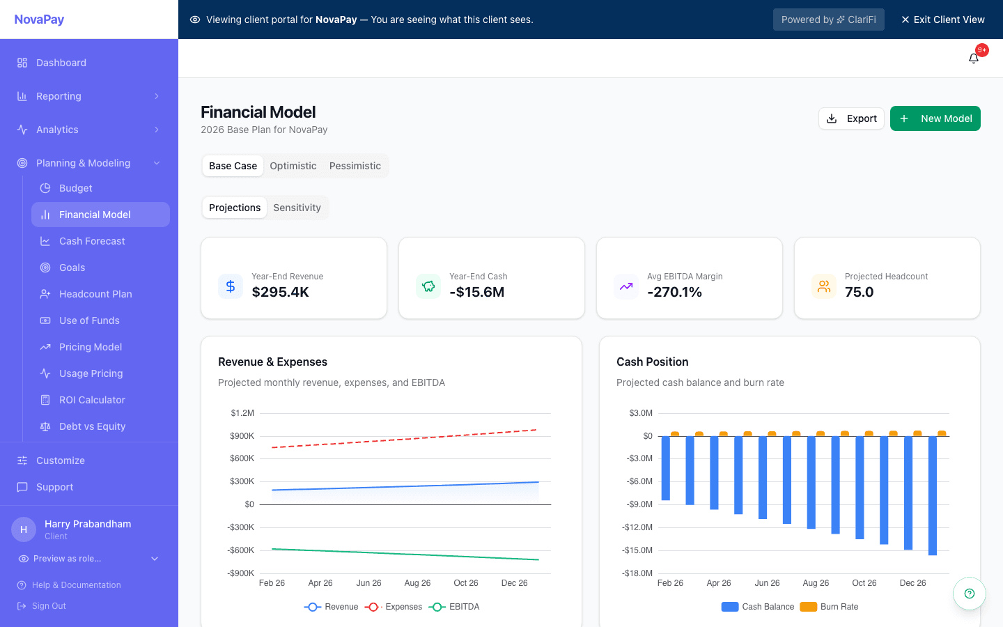 ClariFi financial modeling — scenario simulation and runway analysis