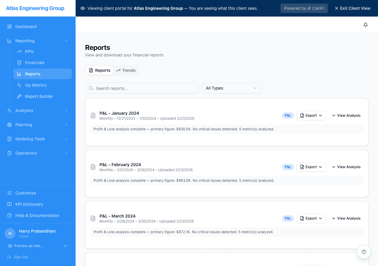 Financial reports — P&L reports with AI analysis summaries, type badges, and export options